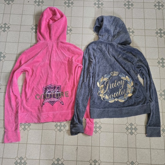 (2) Vtg Juicy Couture Tracksuit Rhinestone Sz M/L Pink Gray Zull Zip Y2K Hoodies - Picture 1 of 11